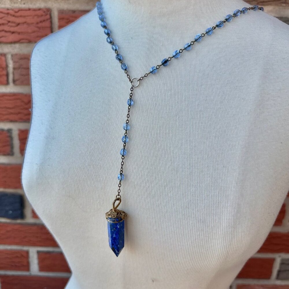 Six Sided Lapis Pendant on Vintage Faceted Blue Bohemian Glass Rosary Chain